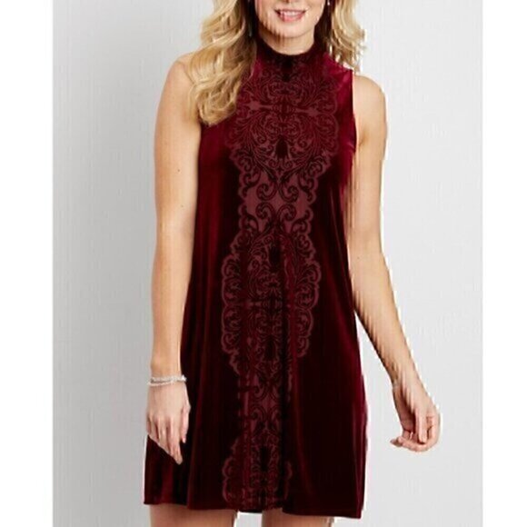 Maurices Dresses & Skirts - MAURICES Velvet Shift Dress Burnout Pattern Burgundy Maroon Red High Neck Velour